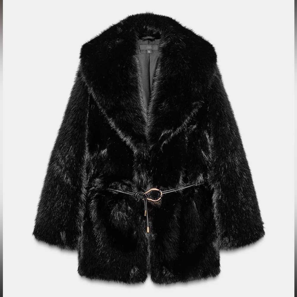 New ZARA Faux Fur Belted Coat - Picture 15 of 16